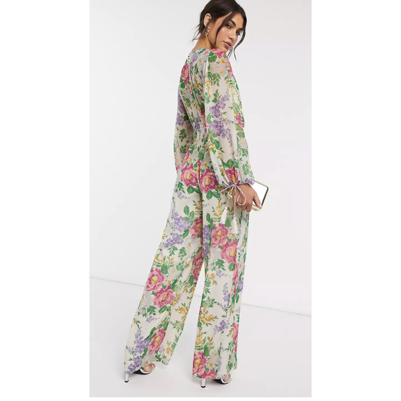 ASOS Pants - ASOS Wide Leg Vintage Floral Print Jumpsuit Womens Size 8 New Tassel Long Sleeve